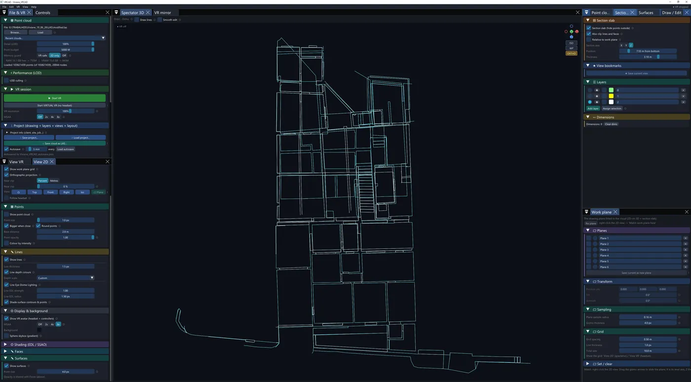 VRCAD showing a building floor plan drawn as cyan CAD linework, extracted from a laser scan using a horizontal section slab