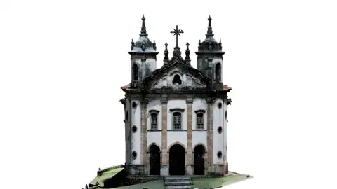 A textured 3D model of a colonial baroque church turning slowly through a full rotation