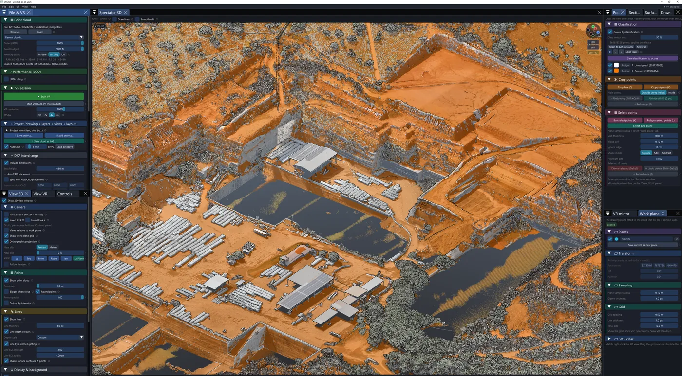 The VRCAD desktop application showing an aerial site survey of a quarry, the ground surface coloured orange by classification, with structures and water in grey