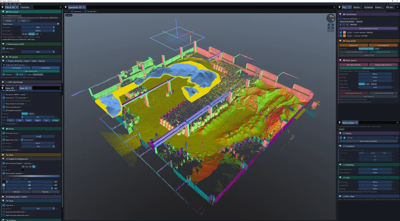VRCAD showing the interior of a scanned warehouse rendered in colour, with a stockpile outlined in yellow and capped by a grey measured surface