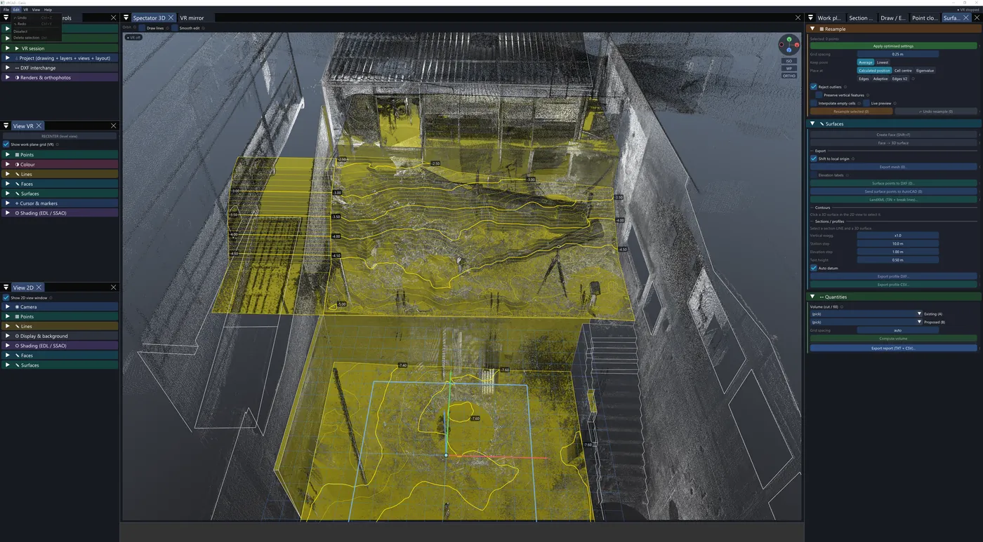VRCAD showing yellow TIN surfaces with labelled elevation contours built over a scanned basement excavation, alongside the surfaces and quantities panel