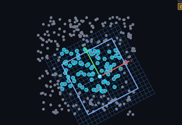 VRCAD selection overlay highlighting selected points in cyan over a work plane grid